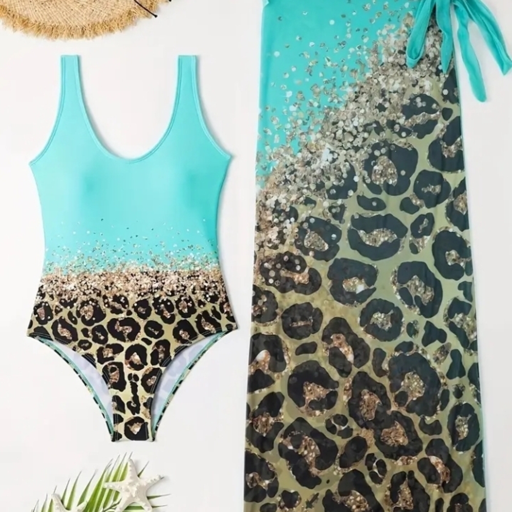 Turquoise Leopard Print Swimsuit and Cover-Up Set